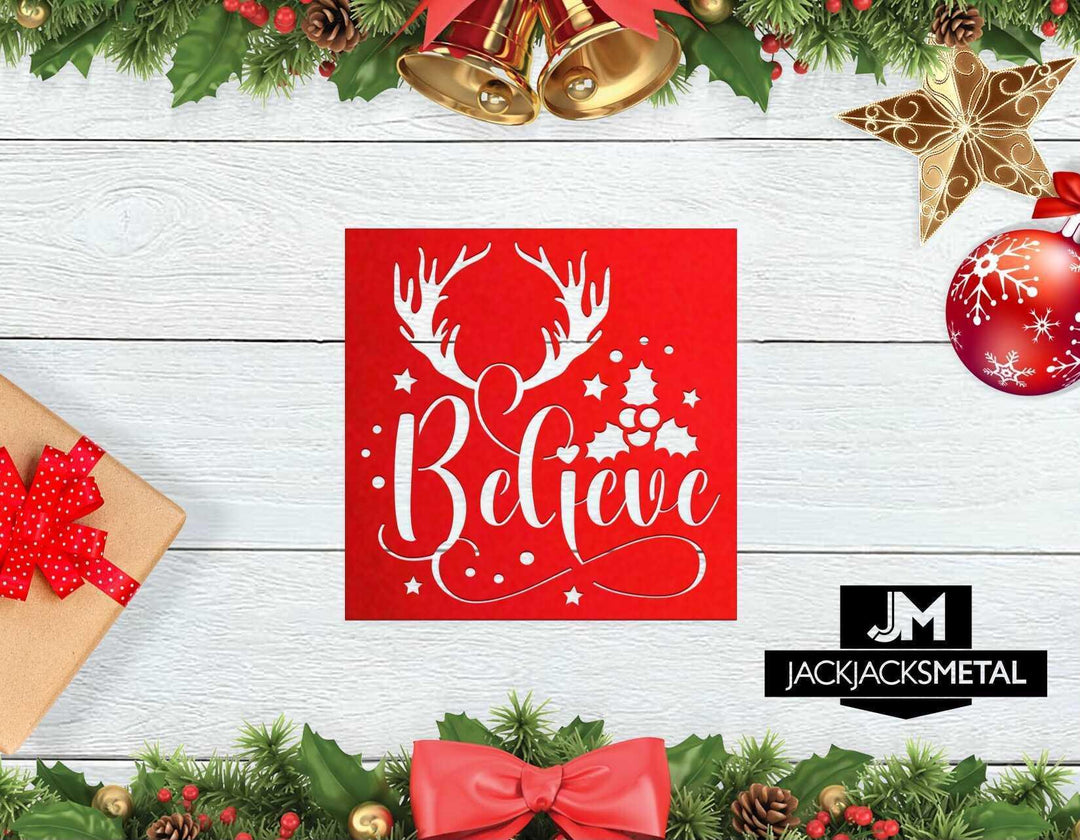 Believe with deer antlers Christmas Metal Wall Design - JackJacks Metal 