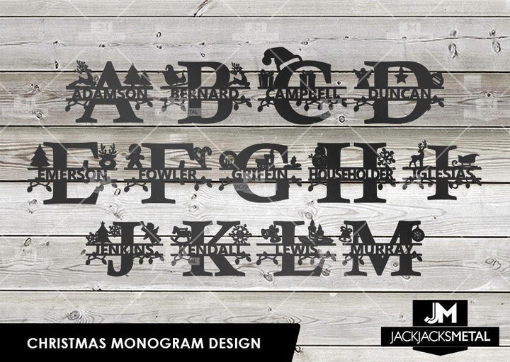 Christmas Monogram Design - Personalized Last Name Monogram - Metal Name Artwork - JackJacks Metal 