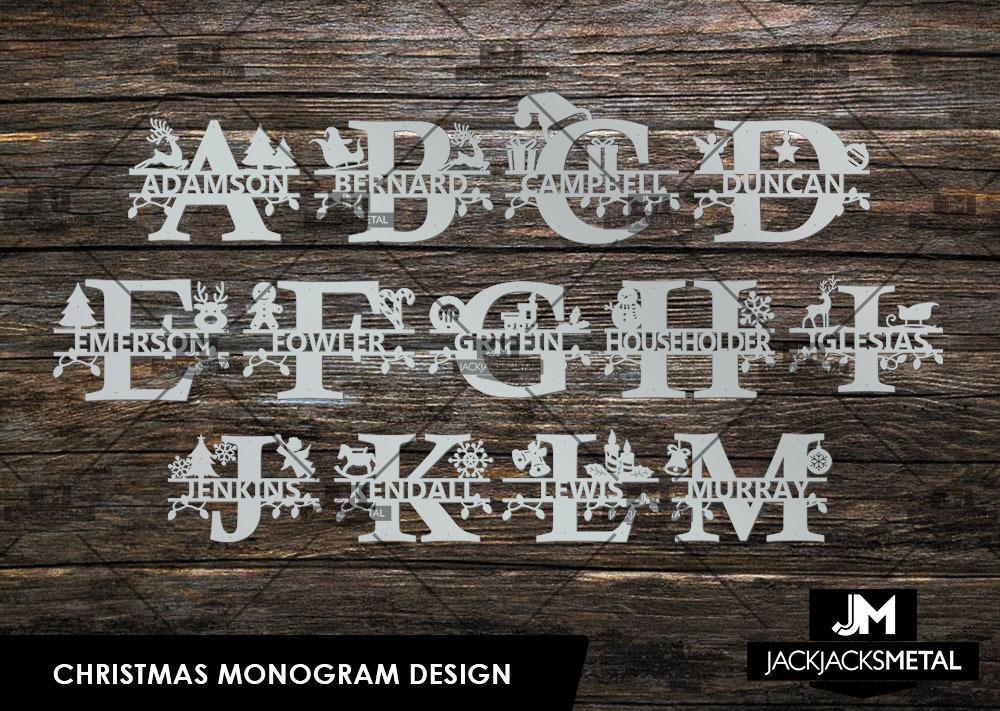 Christmas Monogram Design - Personalized Last Name Monogram - Metal Name Artwork - JackJacks Metal 