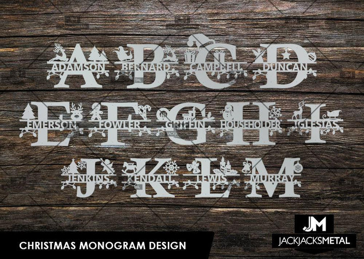 Christmas Monogram Design - Personalized Last Name Monogram - Metal Name Artwork - JackJacks Metal 