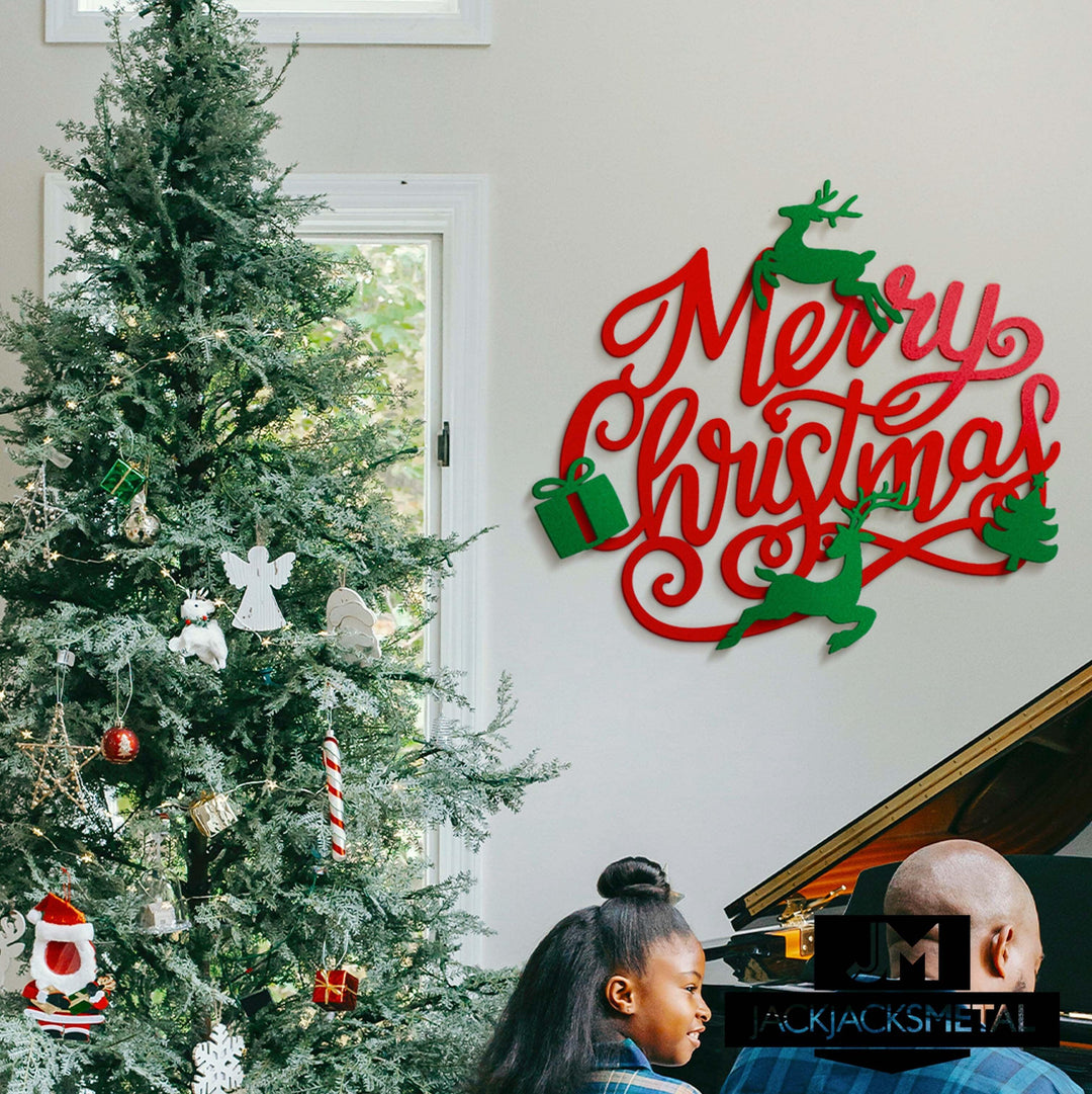 Merry Christmas with Reindeers, Christmas Tree and Gift Metal Sign - JackJacks Metal 