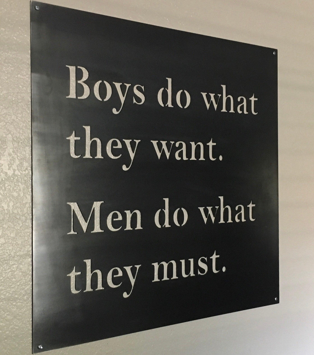 Boys vs. Men. Boys do what they want. Men do what they must. Wall decor Metal Sign.